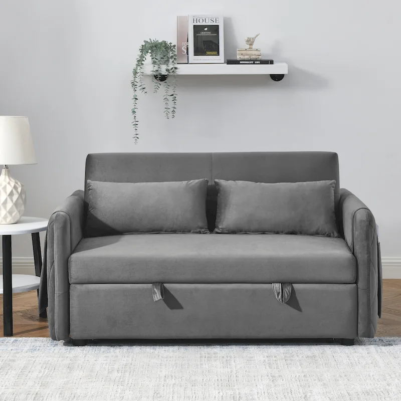 Grey/Blue/Black Convertible Velvet Sofa Bed for 2
