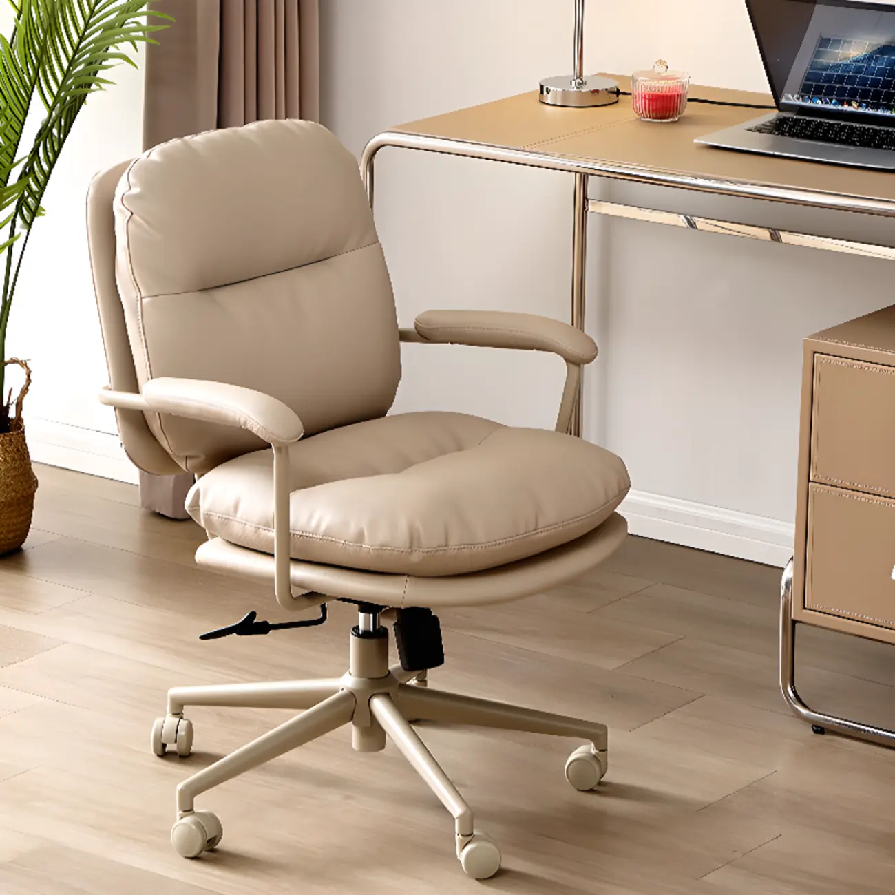 Elegant Beige Leather Swivel Ergonomic Office Chair