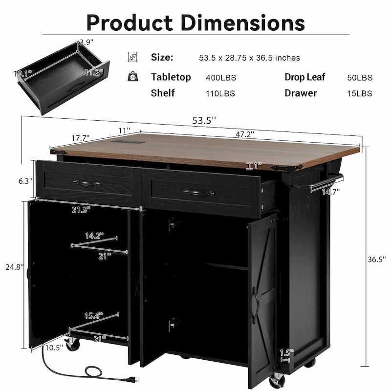 53.5 Farmhouse Kitchen Island - Power Outlet, Drop Leaf, Spice Rack, Drawer, Rolling Cart on Wheels