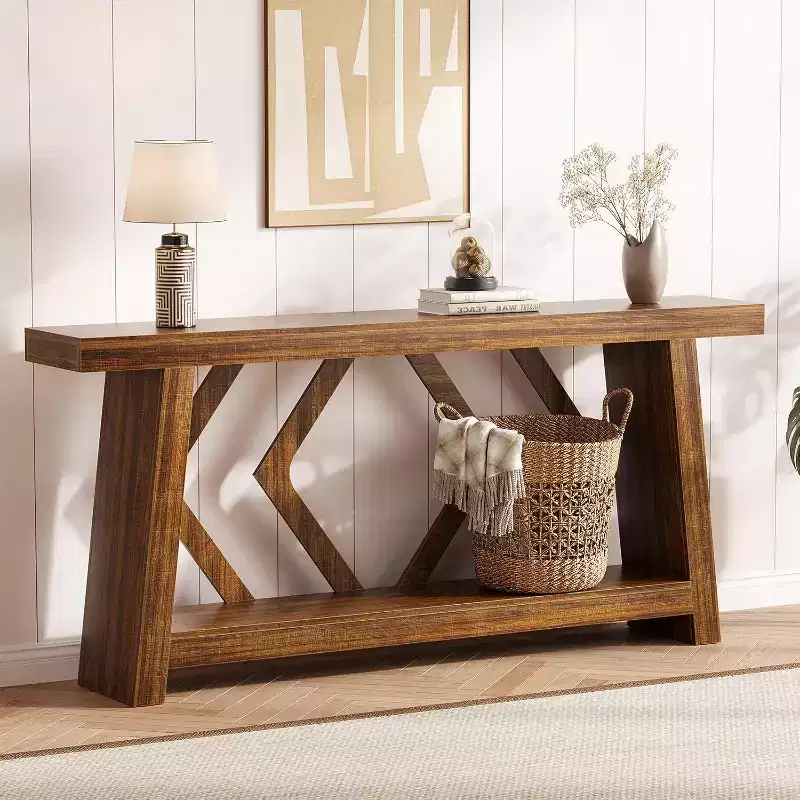 Console Table for Entryway, 70.9 Inch Narrow Farmhouse Couch Table Behind Sofa with 2-Tier Storage Ultra-Stable Trapezoid Leg Sofa Table Behind Couch