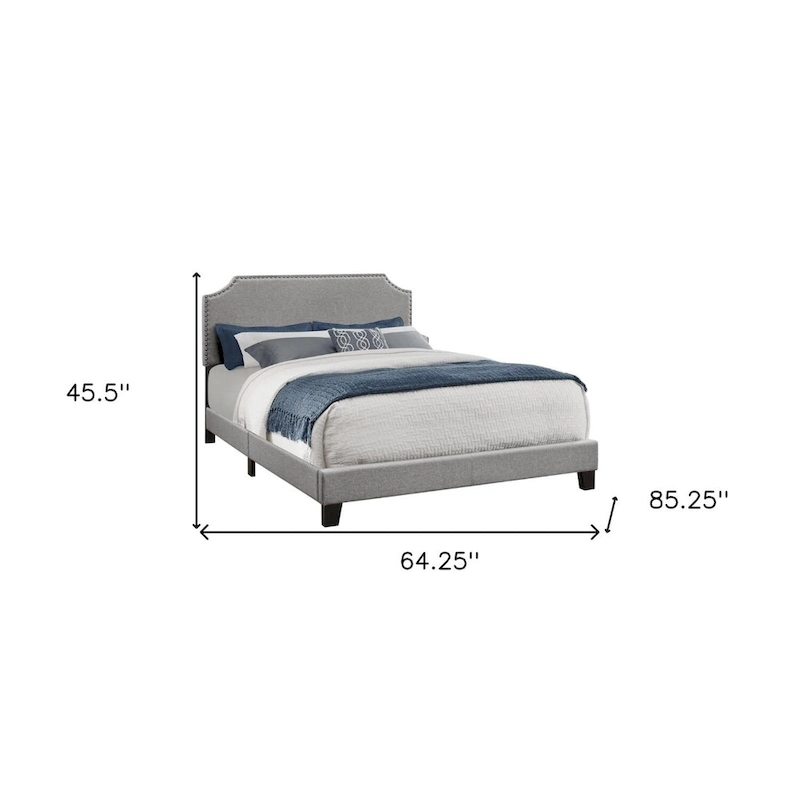 Grey Polyester Upholstered Queen Bed Frame with Headboard and Nailhead Trim