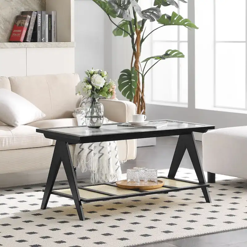 2-Tier Rectangular Coffee Table, Glass Top Sofa Table - 39.4 L x 19.7 W x 19.7 D