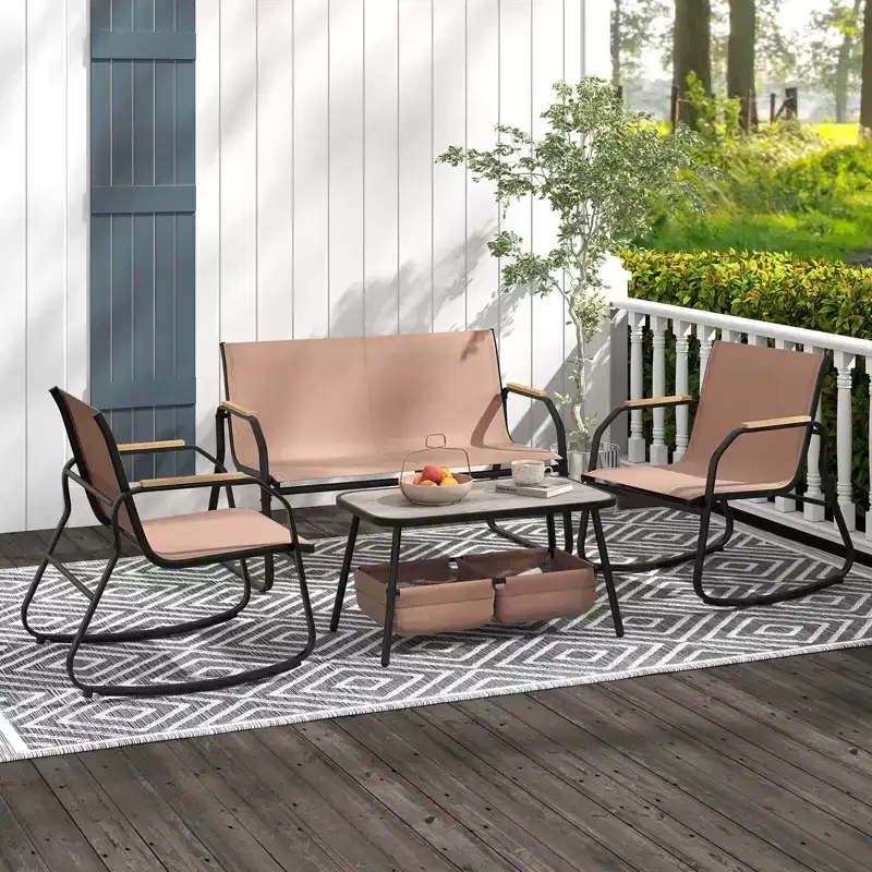 Costway 8 PCS Patio Furniture Set with 4 Rocking Bistro Chairs 2-Tier Coffee Table Black/Coffee