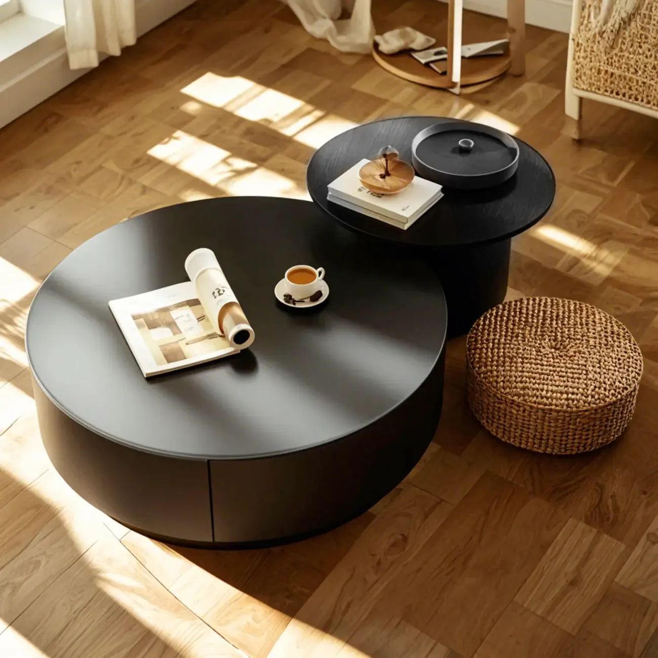 Modern Wood Round Nesting Coffee Table with 2 Drawers