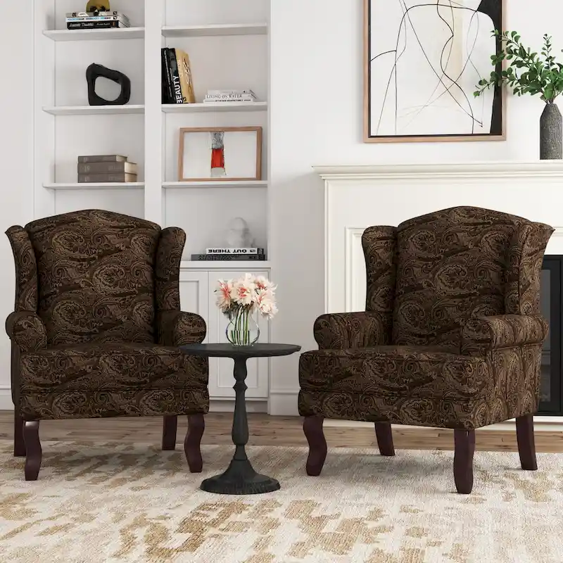 Set of 2 Elegant Living Room Wing Back Arm Chair Upholstered Accent Chair