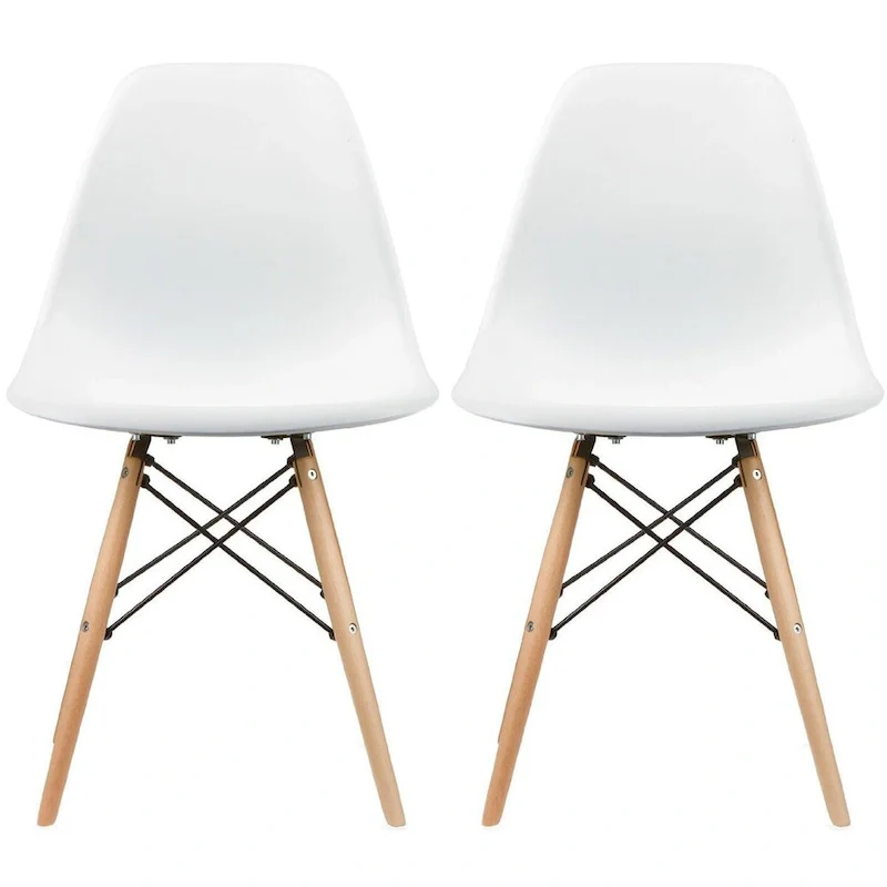 Set of 2 Mid-Century Modern Dining Chairs Armless Plastic Shell Seat with Natural Wooden Eiffel Leg Base, Red