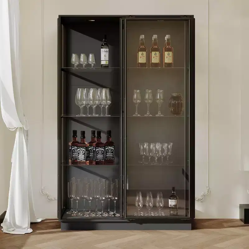Hitow Oversized Black Wine & Kitchen Storage Cabinet  Sliding Glass Doors,LED Spotlights, Large Capacity Pantry for Dining Room