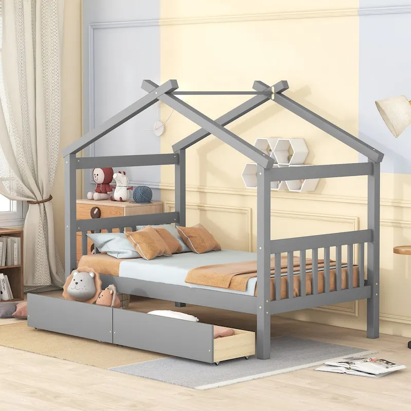 Gray / Walnut House-Shape Kids Bed with Drawers – Twin, 1-Person