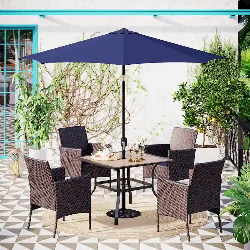 Patio 5-piece Dining Set, 1 Square 37  Metal Table with Umbrella Hole and 4 Rattan Chairs with Cushion