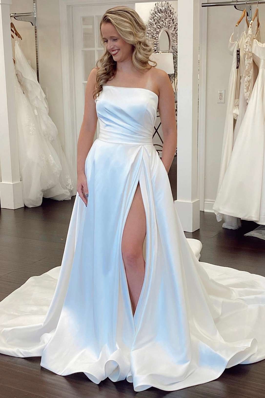 Mermaid White Satin Strapless A-Line Wedding Dress with Slit