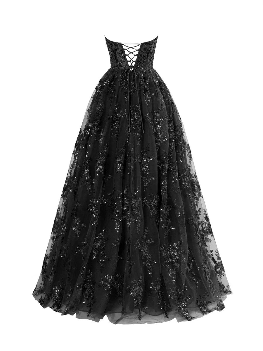 Black - A Line Strapless Pleating Long Prom Dress With Applique