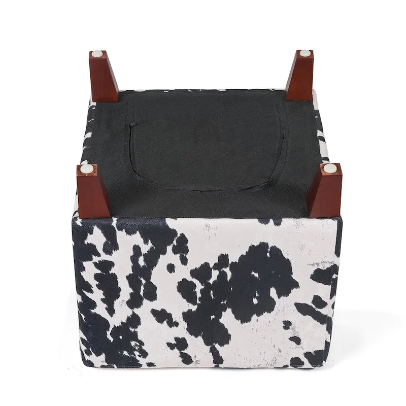Adeco British Style Cow Print Cube Ottoman Home Bench Classy Footstool