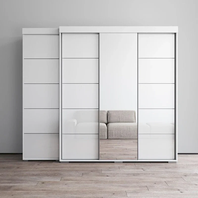 Black / Gray / White 2-Door Wardrobe with Mirror, Glass Front, Single