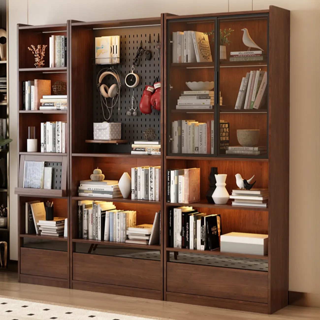 Mid Centyury Tall Brown Vertical Wood Bookcase with Drawers