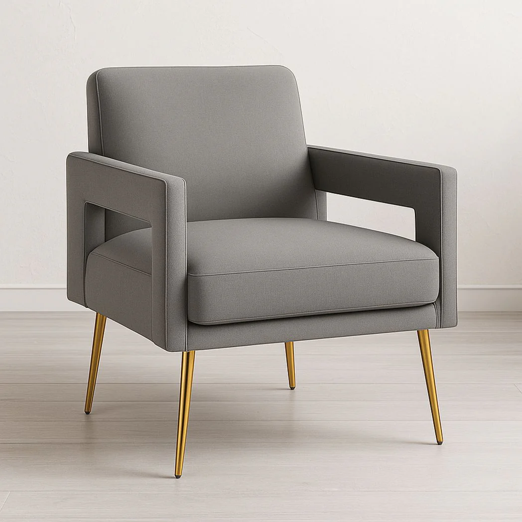 Fauteuil en tissu gris avec pieds en métal doré