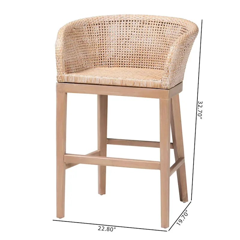 Papua Modern Bohemian Natural Rattan and Acacia Wood Counter Stool