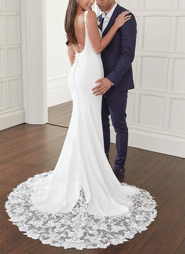 Trumpet Mermaid Square Neckline Lace Elastic Satin Wedding Dresses