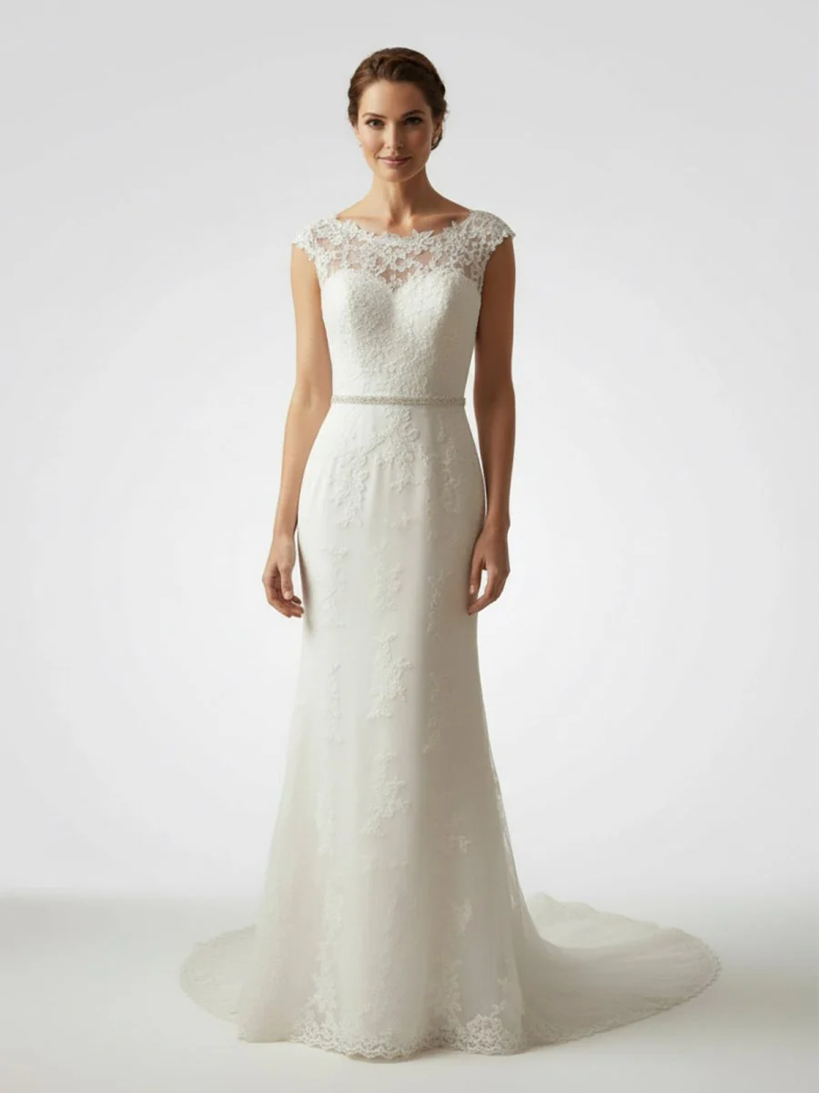 Bateau Neck Cap Sleeve Fit and Flare Lace Wedding Dress