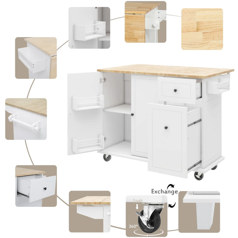 53.9 Width Rolling Kitchen Island with Drop Leaf and 3 Tier Pull Out Cabinet