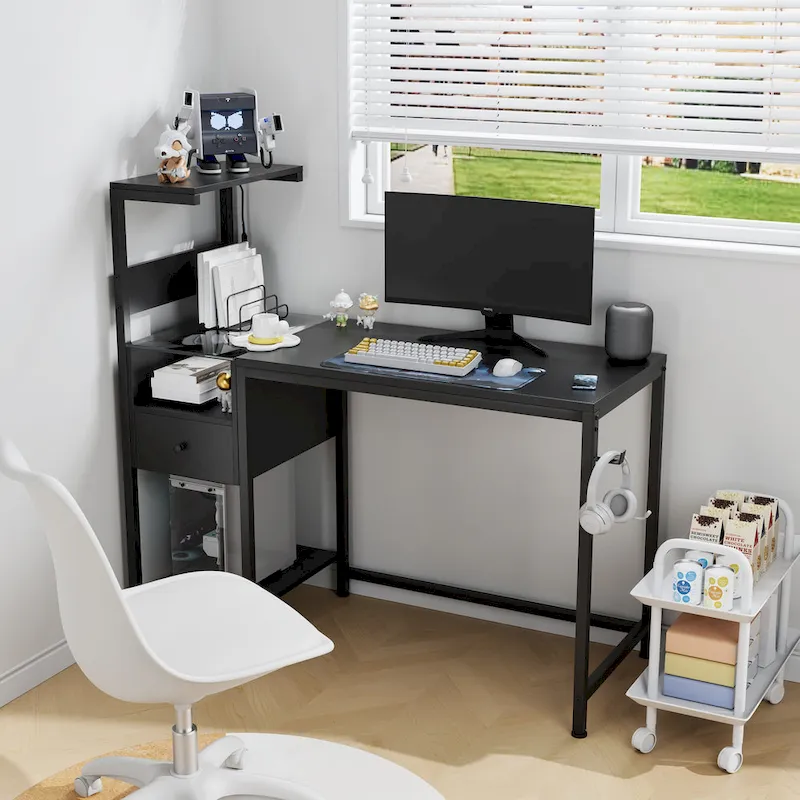 Computer Desk with Power Outlet & Storage Shelves