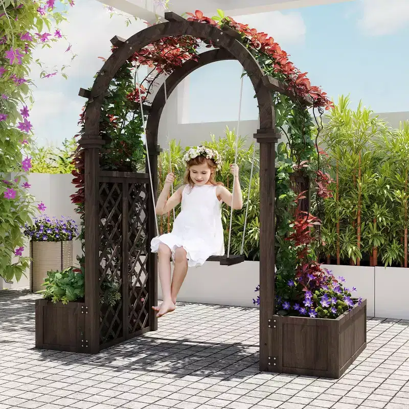 90.5 Garden Arbor with 2 Planter Boxes, Wooden Pergola Trellis, Detachable Swing, Weather-Resistant for Climbing Plants