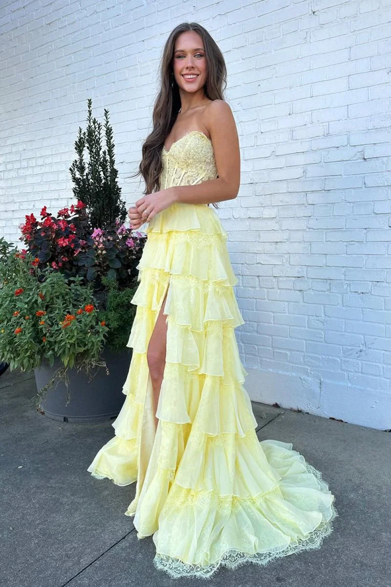 Yellow - Strapless A Line Chiffon Tiered Prom Dresses With Bow