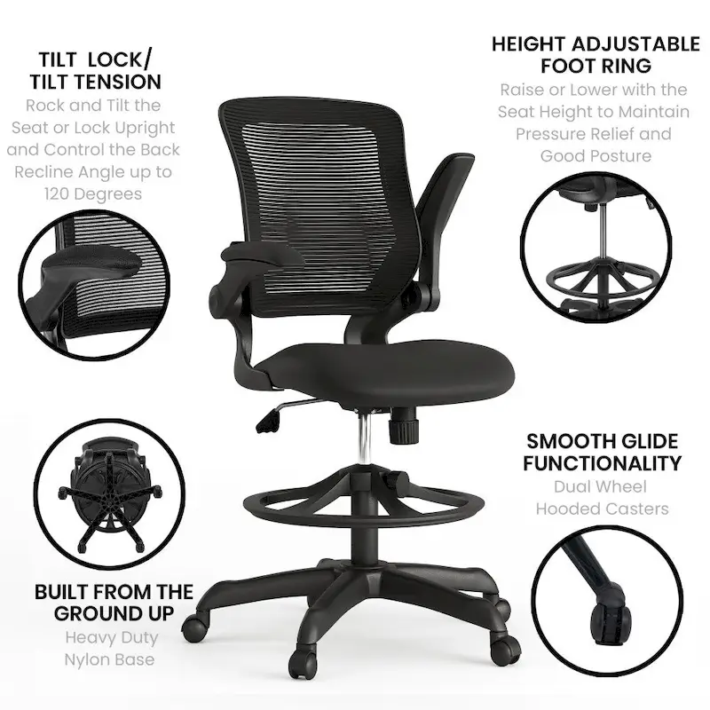 Mid-Back Mesh Ergonomic Drafting Chair with Foot Ring and Flip-Up Arms
