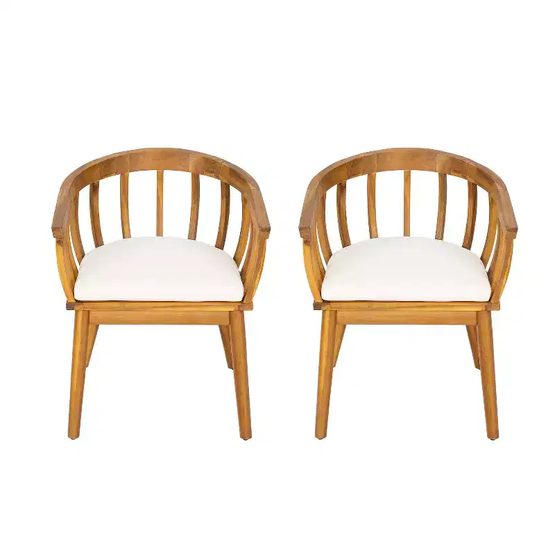 Christopher Knight Home Laura Outdoor Acacia Wood Slatted Curved Backrest Dining Chair with Cushion (Set of 2)