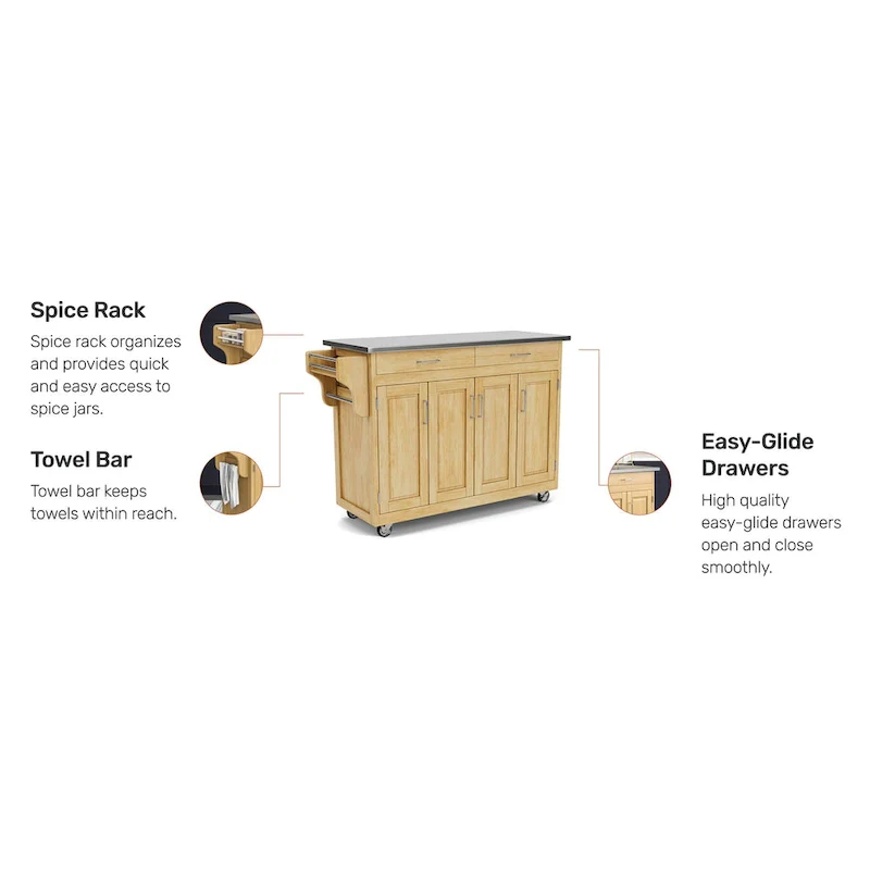 Natural Wood Mobile Kitchen Cart with Stainless Steel Top