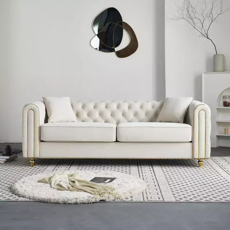 86 Luxury Modern Tufted Chesterfield Sofa, 3-Seater Couch with Rolled Arms and Gold Trim for Living Room, Bedroom, or Apartment-Panipeachy