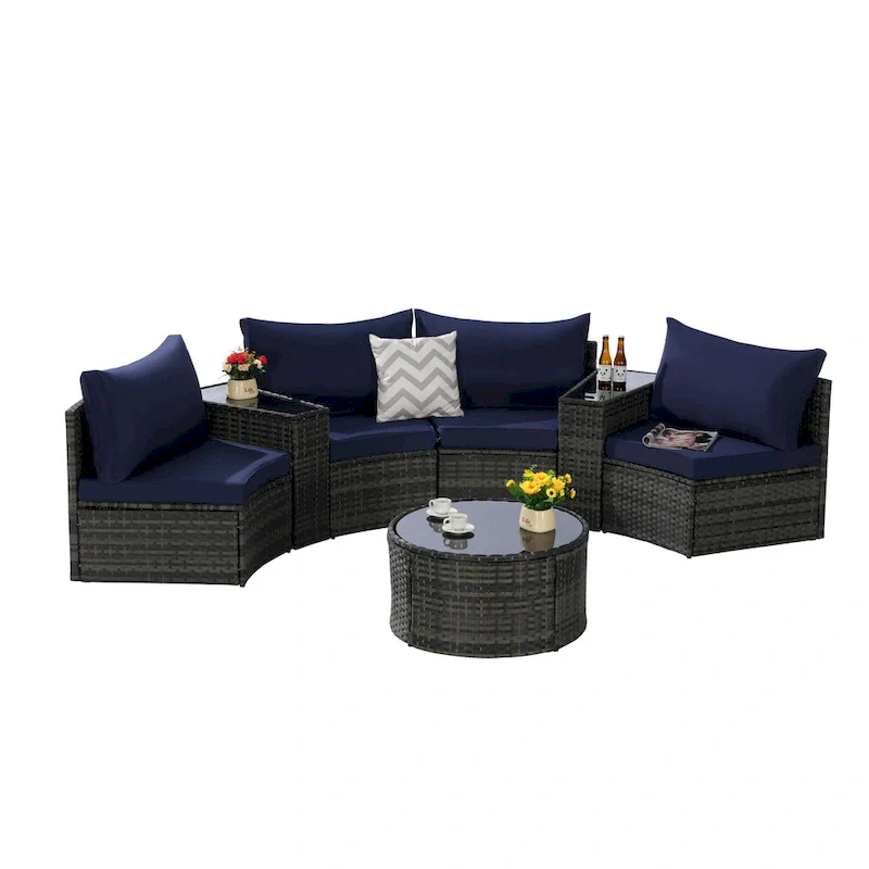 7-Piece Half-Moon Sectional Sofa Set with Glass Table