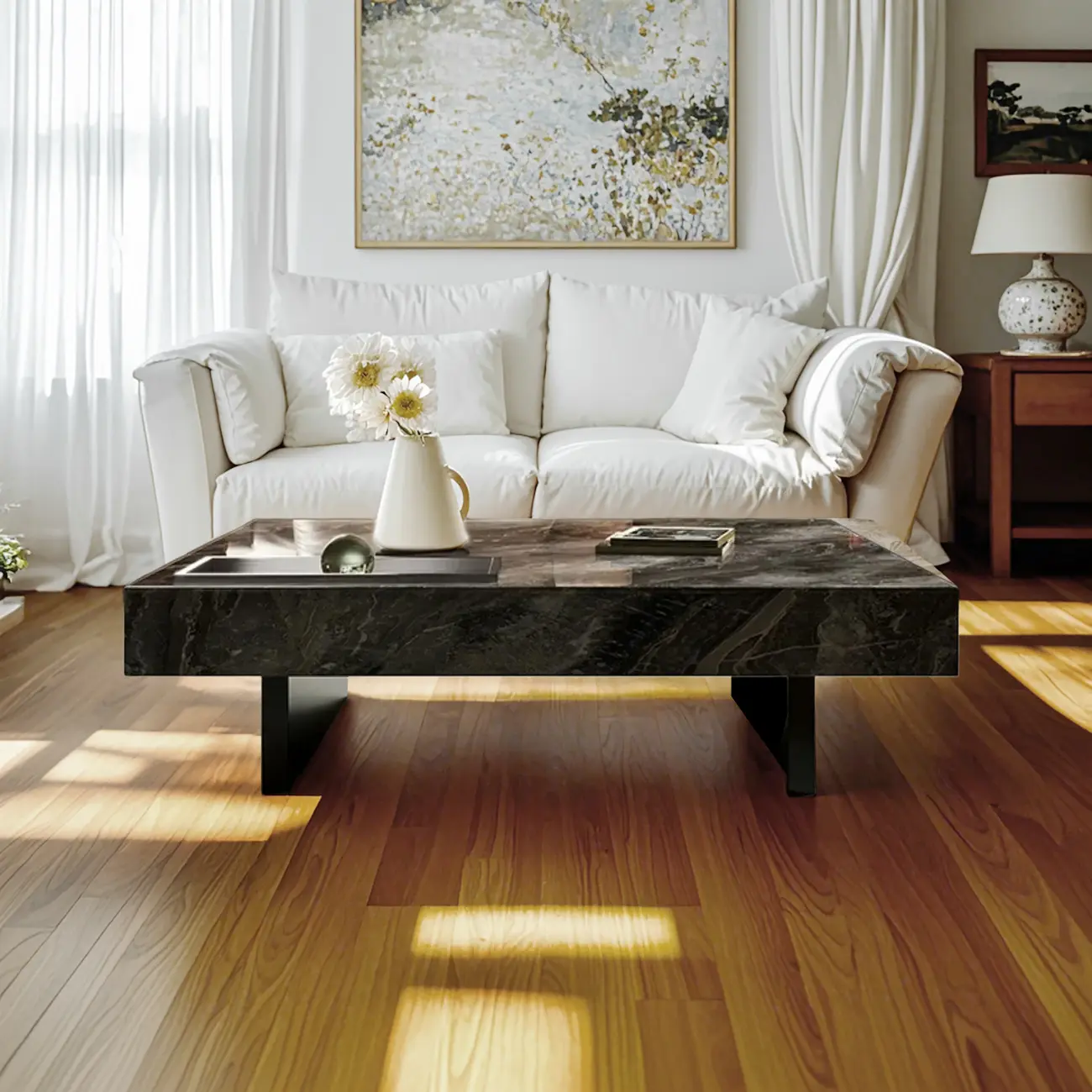 Modern Low Stone Square Coffee Table with Double Pedestal