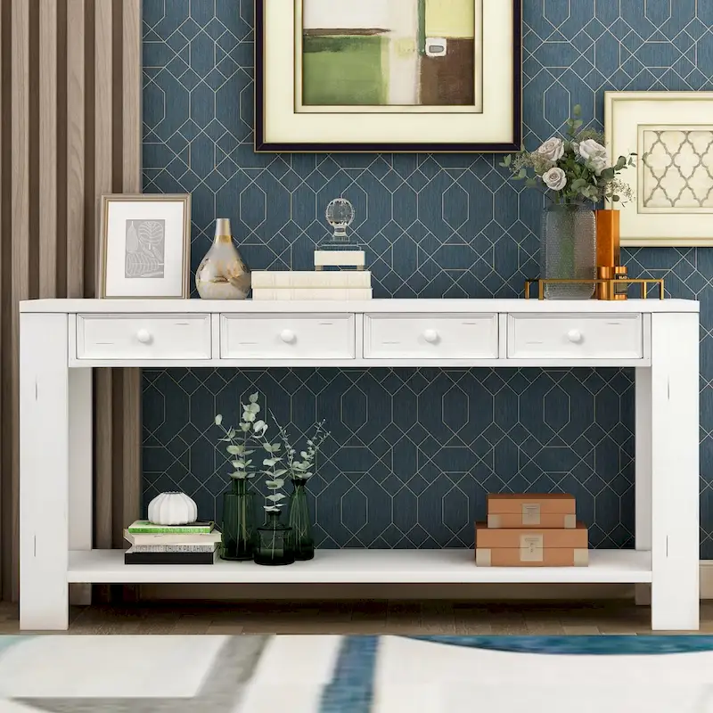 Antique White / Espresso / Khaki / Grey Wash / Retro Blue / Navy / Black Distressed Console Table with Drawer & Bottom Shelf - Single Use