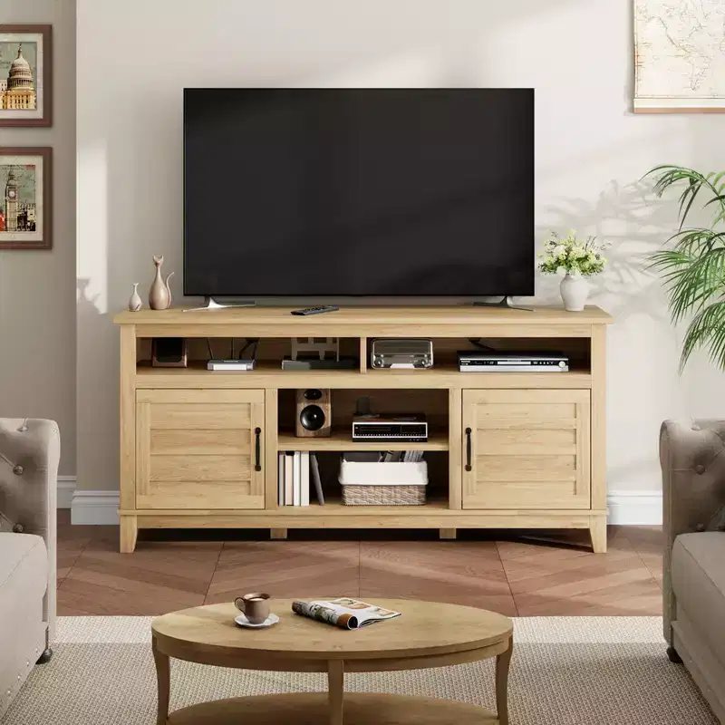 Farmhouse TV Stand with Cabinet, for TVs Up to 63, Freestanding TV Entertainment Center with Open Shelves, for Living Room & Bedroom