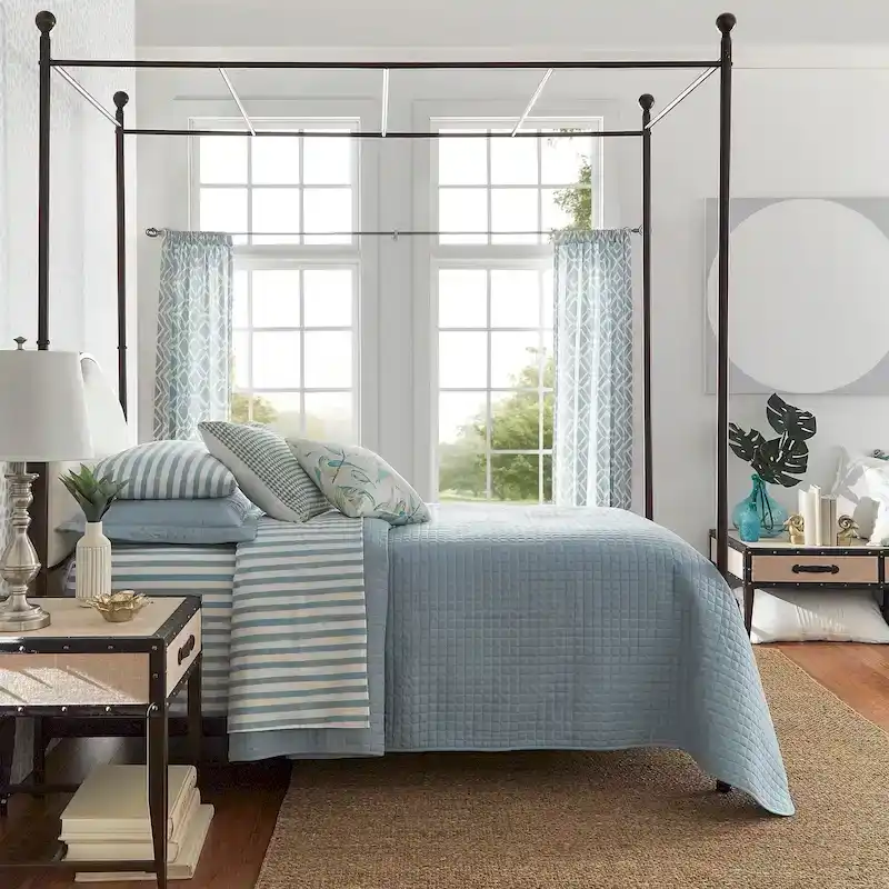 Cream Linen Transitional Canopy Poster Bed, Cherry Brown Frame (Twin/Full/Queen/King)
