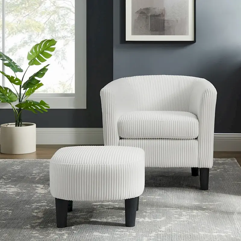Corduroy Accent Chair with Ottoman & Curved Armrests – Grey / White / Yellow / Green Corduroy / Black Fabric