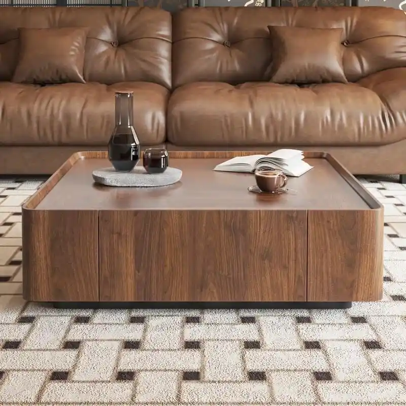 Industrial Walnut Coffee Table with Hidden Drawers - 39.37x39.37x12.6