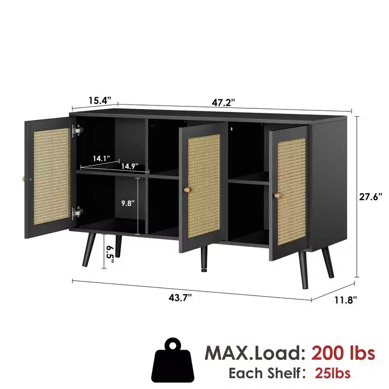 Coolmee 47.2 Rattan Buffet Cabinet with Storage, Modern Sideboard with Adjustable Shelves, Coffee Bar Credenza for Kitchen Living Room Entryway