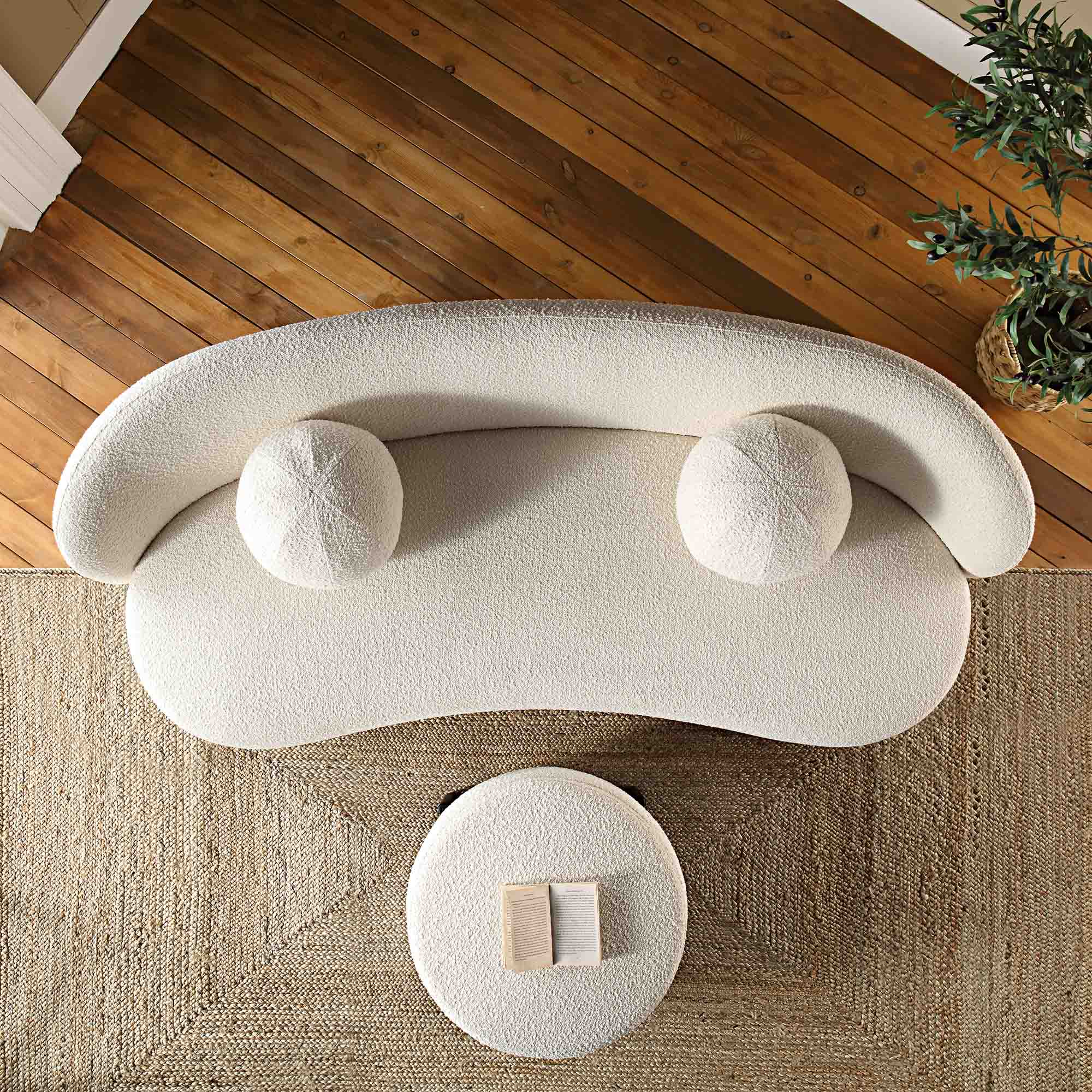 3-Seater Curved Sofa with Ball Cushions, Ecru Boucle