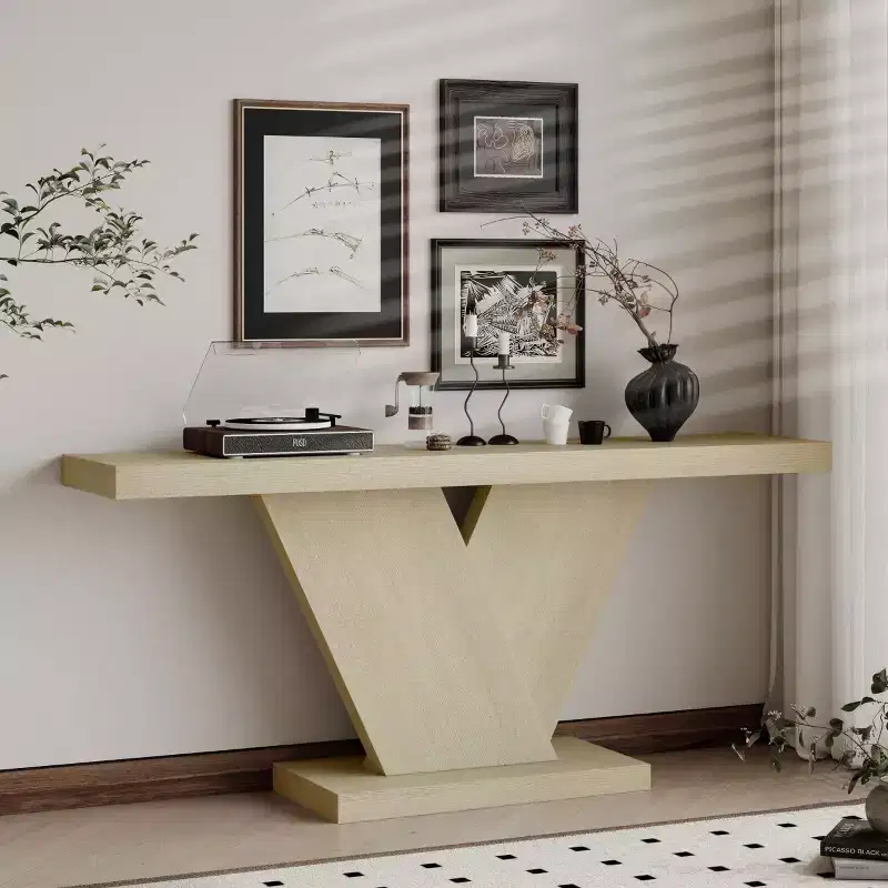 66 Modern Console Table with Solid Wood Veneer Finish, Mid-Century Narrow Sofa Table, V-Shaped Leg Entryway Table for Living Room-Panipeachy