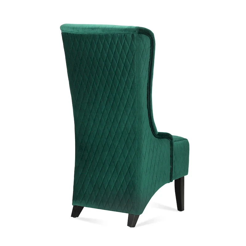 High-backed velvet wing-back chair with wooden legs