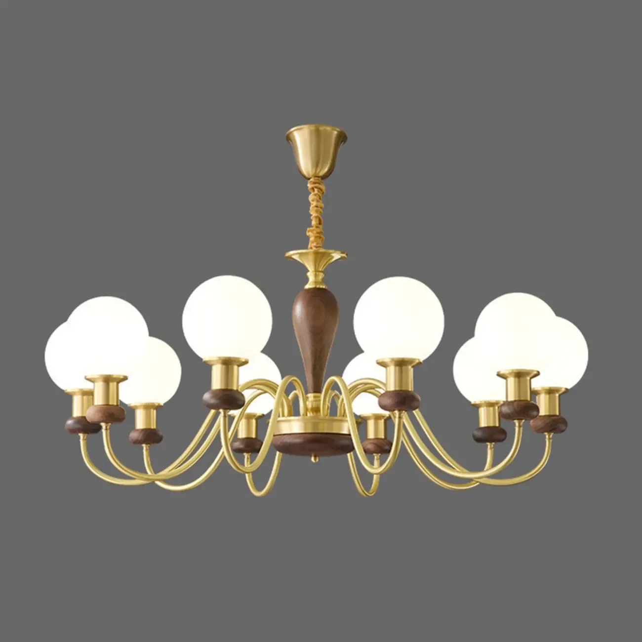 Mid-Century Brass Wood Chandelier with Globe Glass Shade