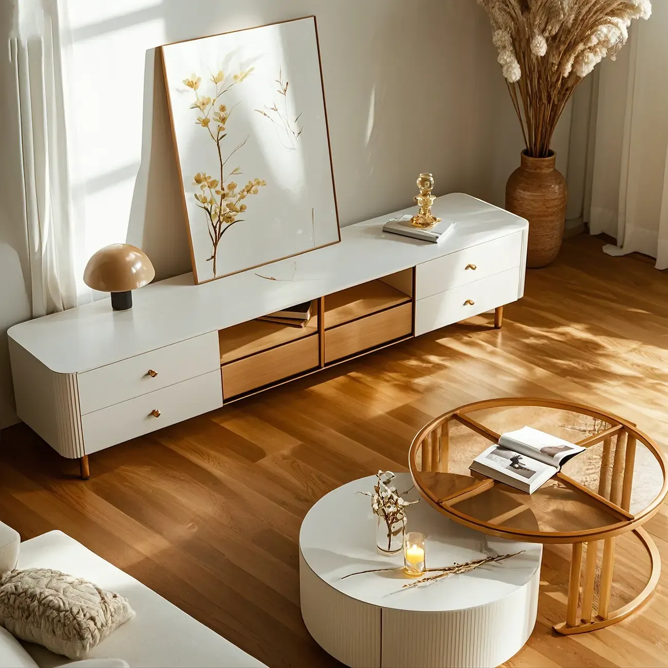 Beige Modern Stone TV Stand with LED LightS for Living Room