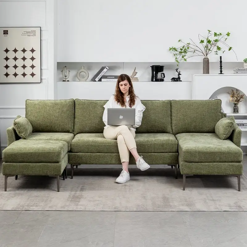 U-Shaped 6-Seat Sectional Sofa, Reversible Sleeper in Modern Chenille Design, with Chaise Lounge and Ottoman