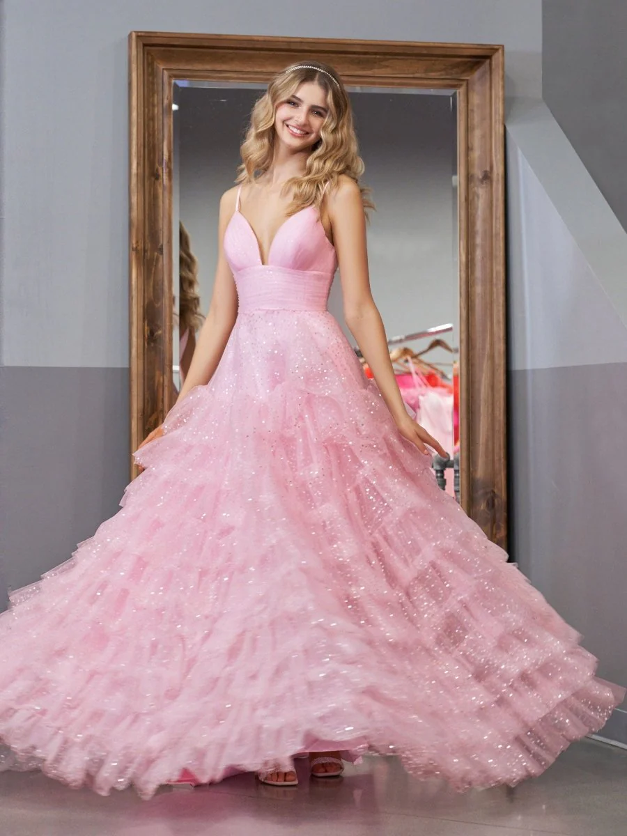 Light Pink A-Line Tiered Spaghetti Straps Tulle Prom Dress