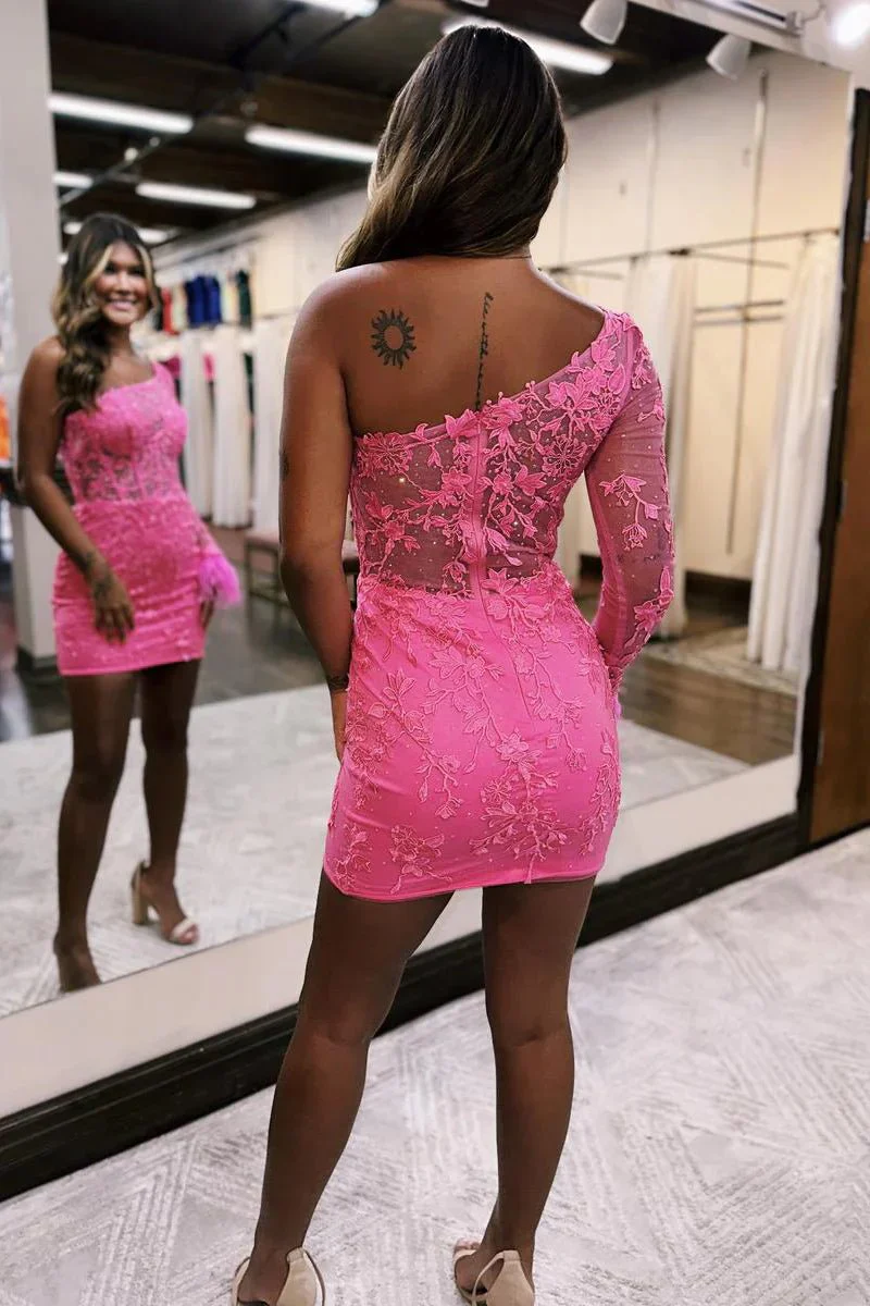One Shoulder Hot Pink Long Sleeve Appliques Sheath Homecoming Dress