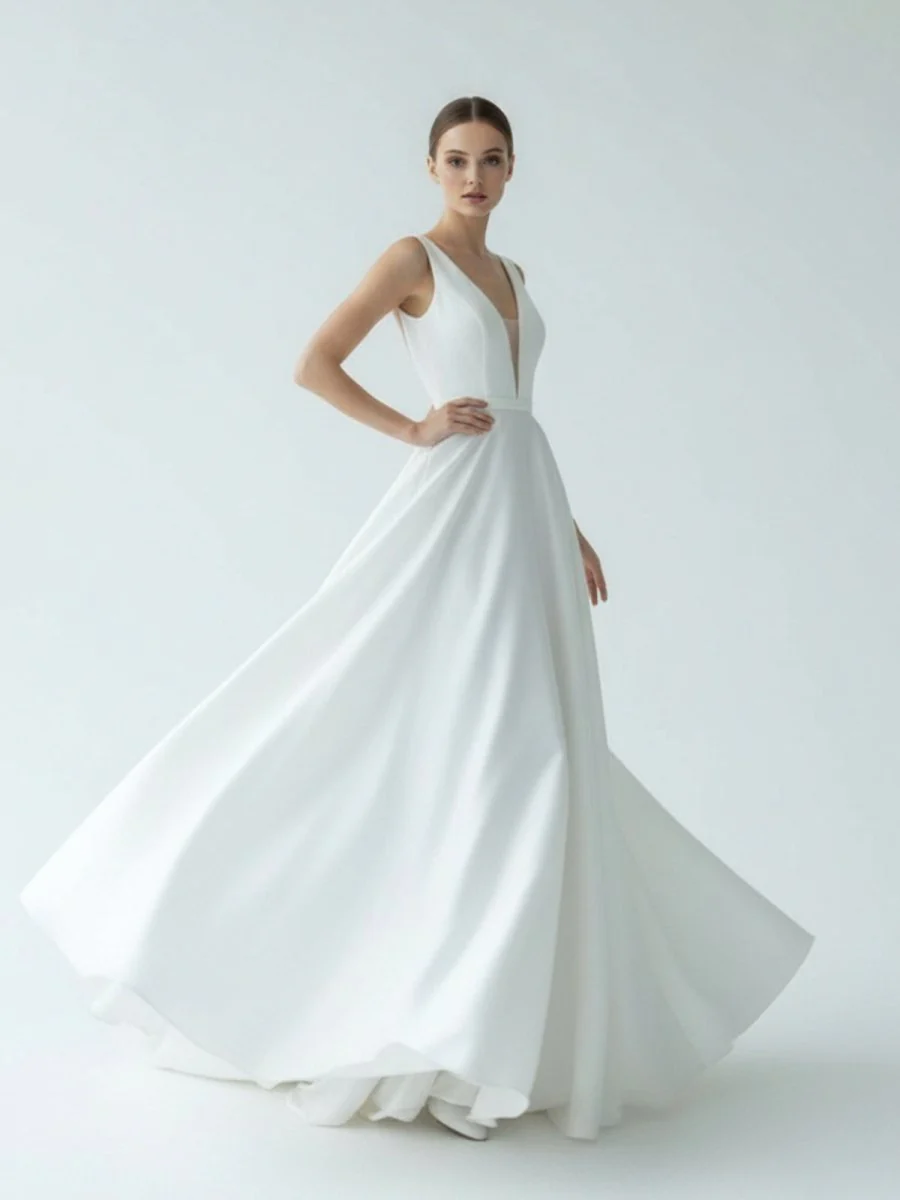A-Line White Satin Elegant V Neck Wedding Dress