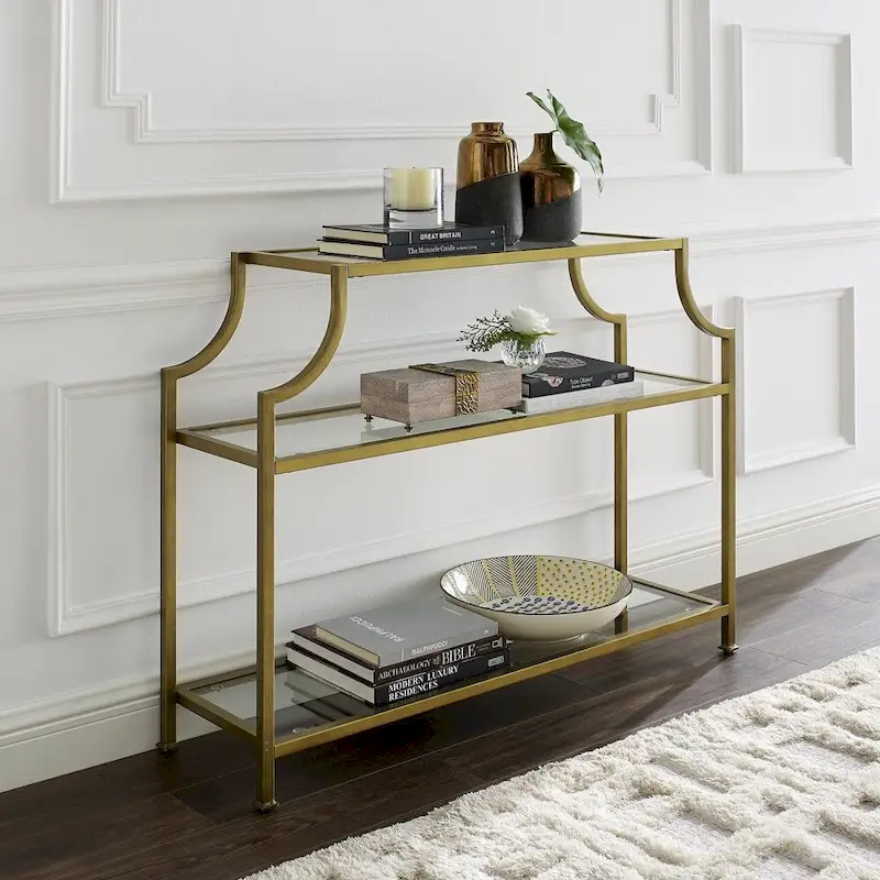 3-Tier Glass Console Table with Gold Finish Frame