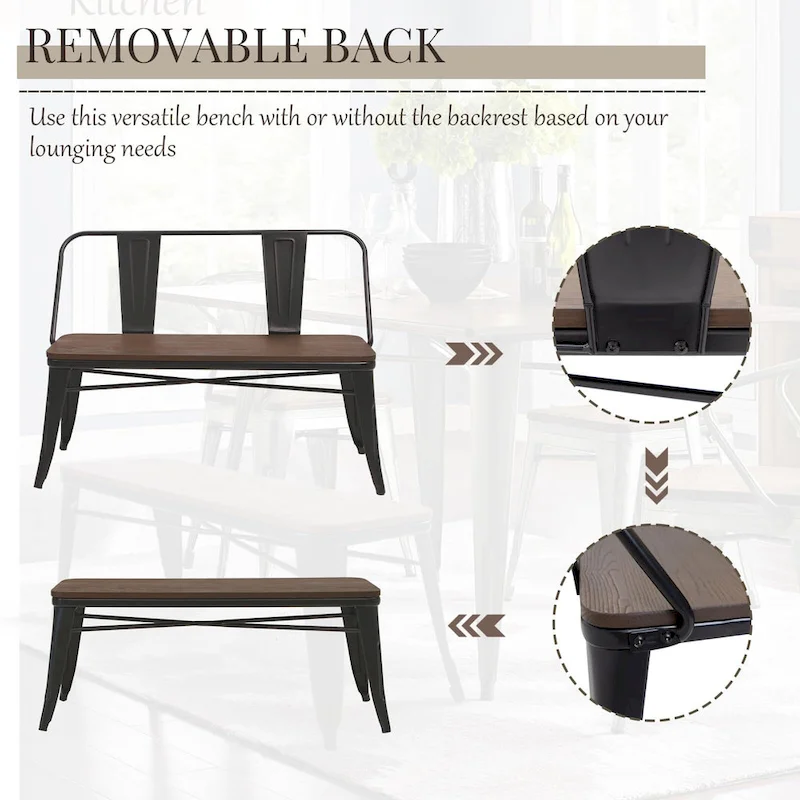 Dining Bench, Entryway Bench with Back, Farmhouse Metal Dining Bench, Industrial Mid-Century 3 Person Bench, Wood Seat