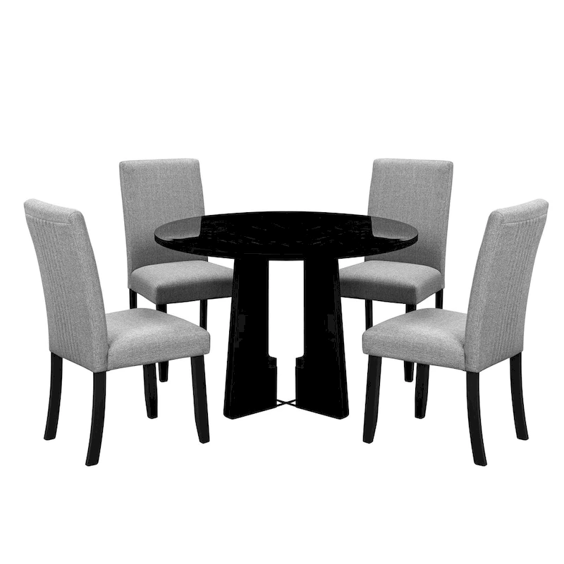 5 Pcs Wood Kitchen Table and Chair Set, 4 People Round Dining Table Set with Faux Marble Top and 4 Upholstered Chairs